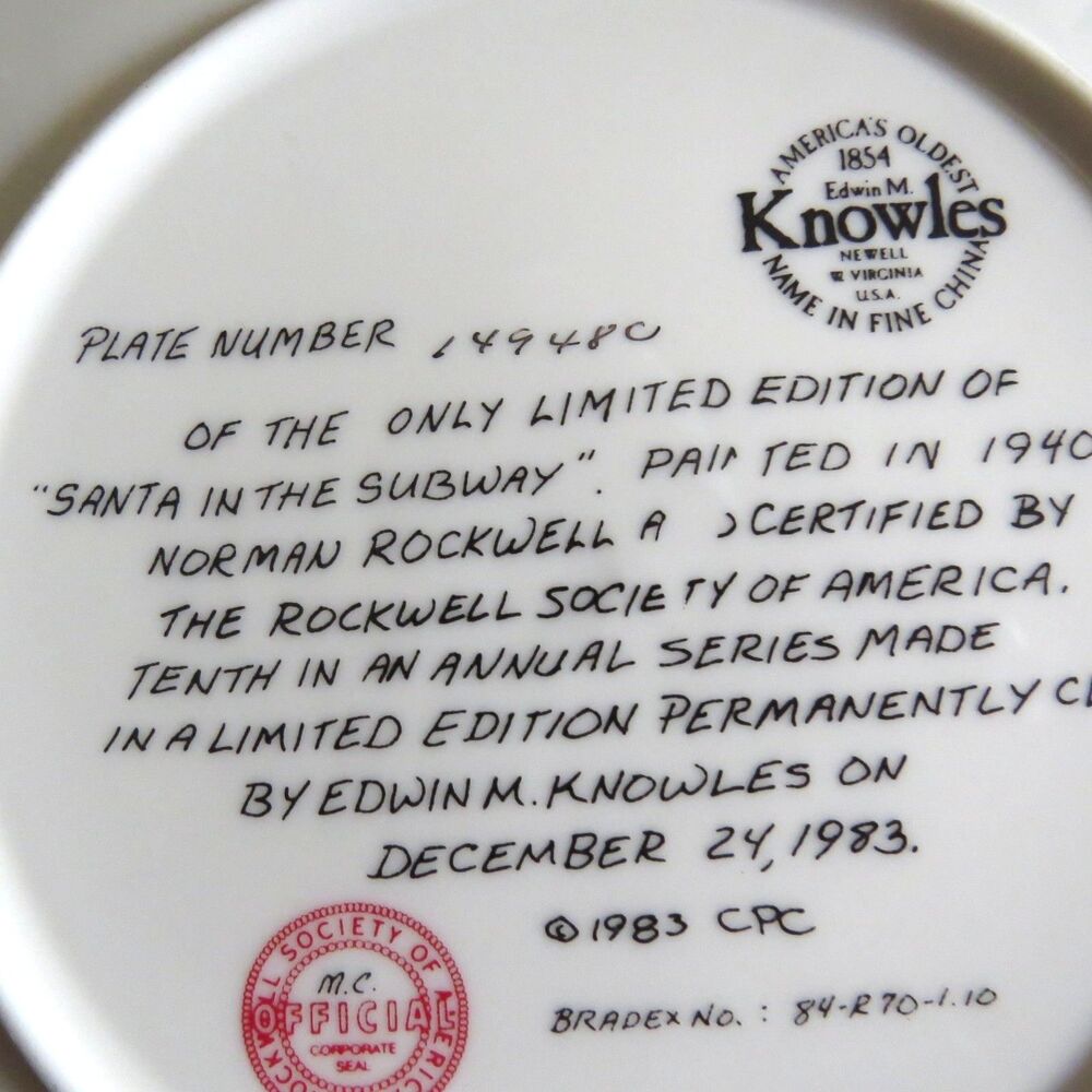 Norman Rockwell Vintage "Santa in the Subway" Christmas 1983 Ltd ed Plate EUC - Picture 2 of 3
